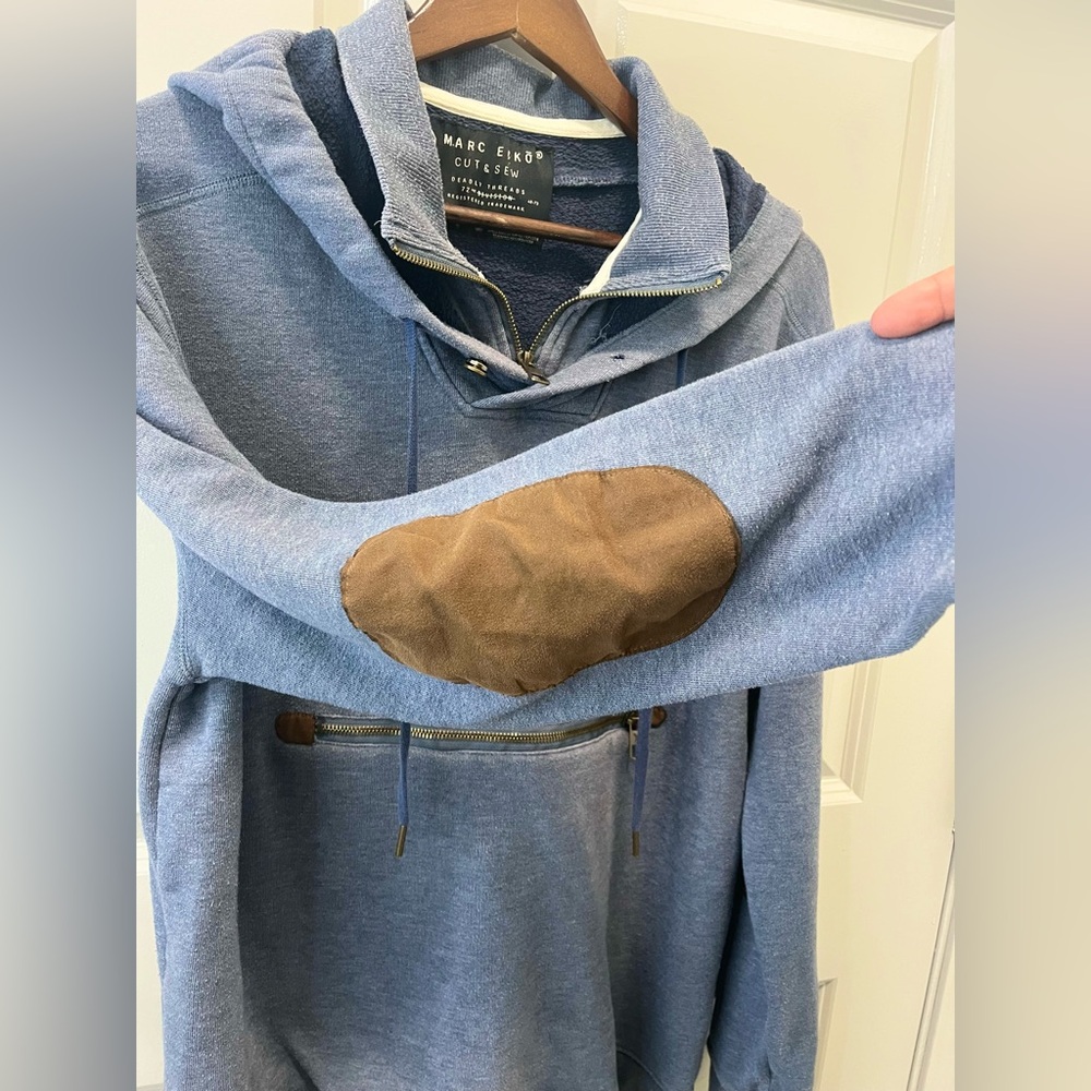 Marc Ecko Blue Pullover Men's Hoodie XL with Elbow Patches